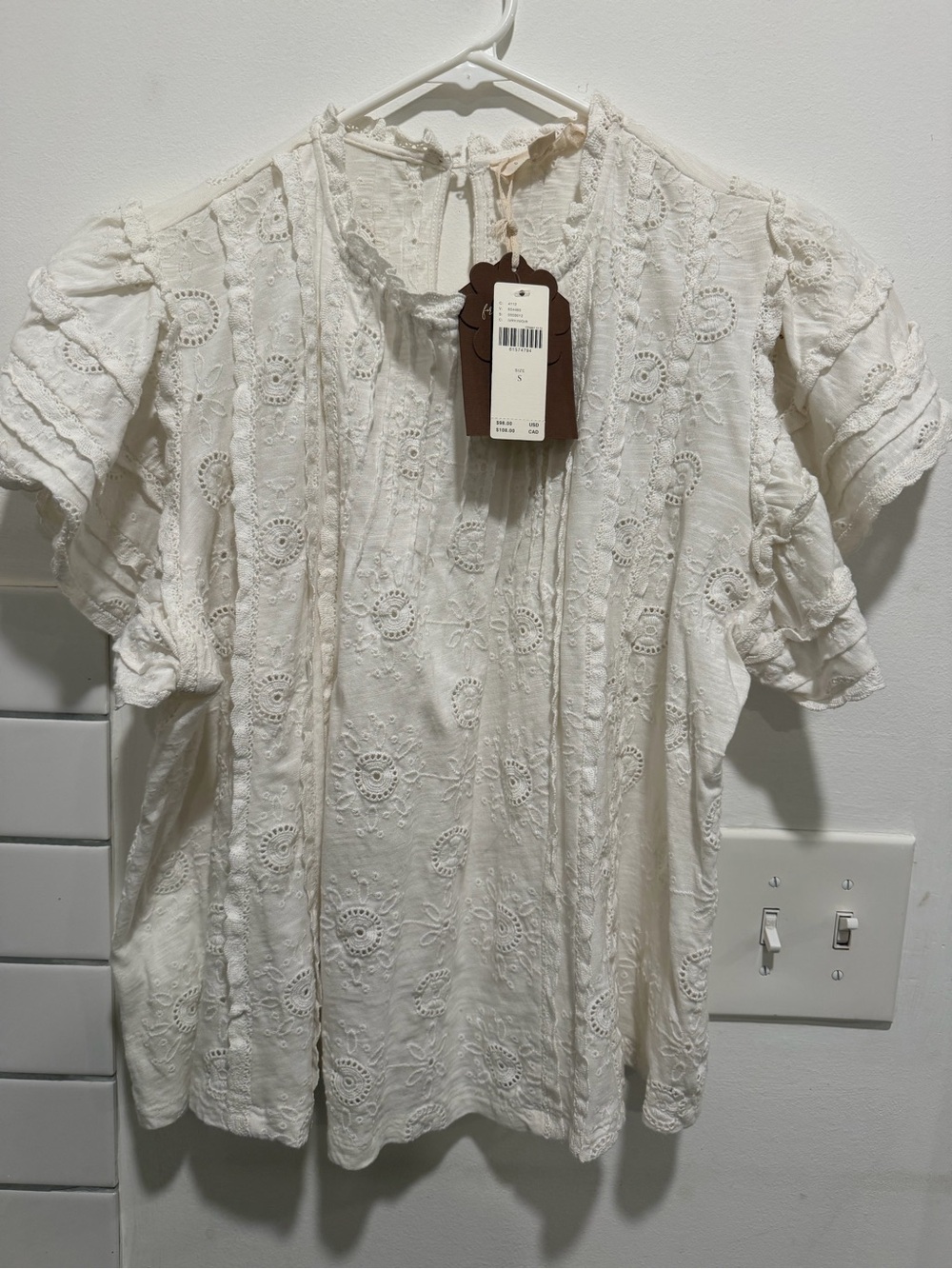 Anthropologie Women's Cream Eyelet Ruffle Sleeve Top